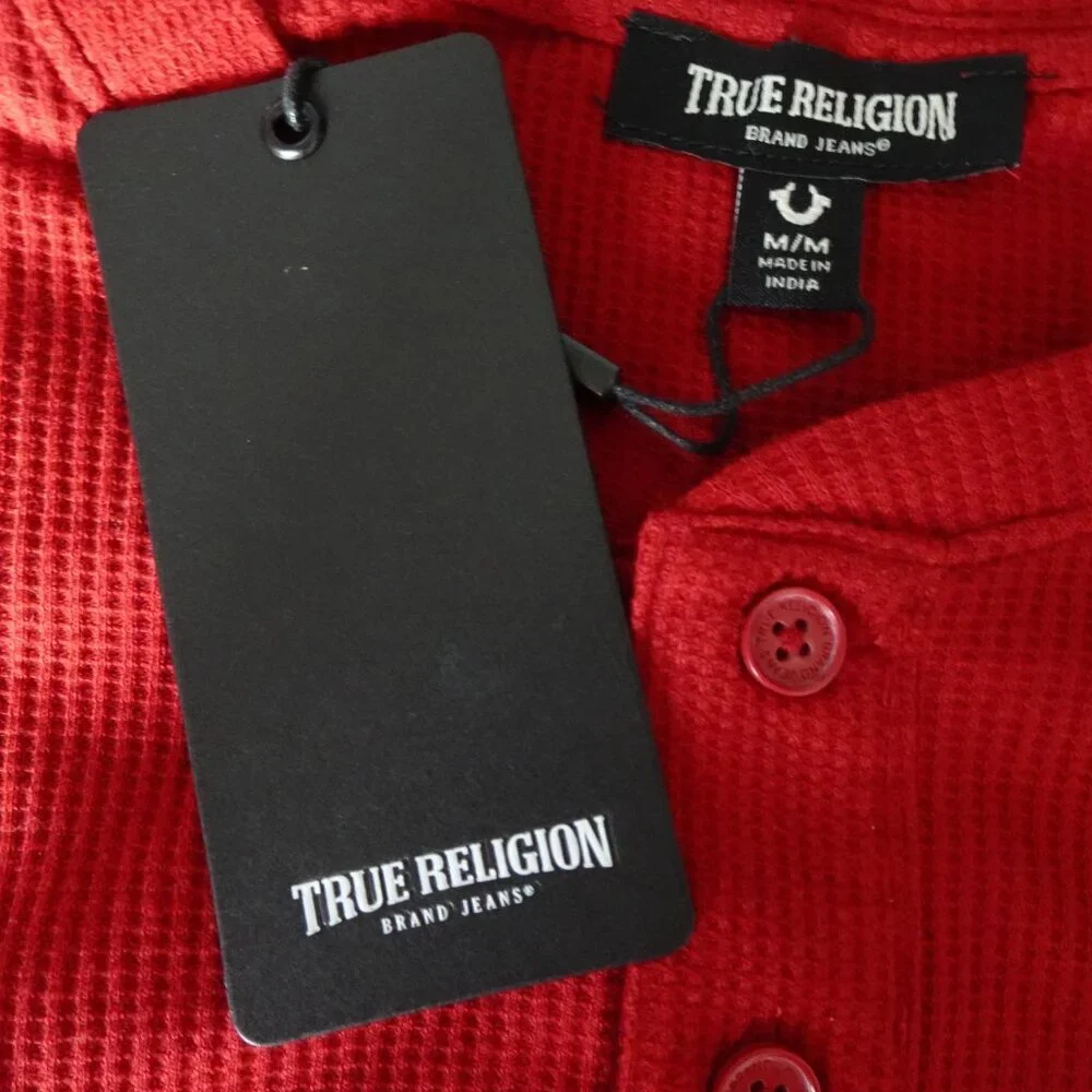 True Religion Henley Shirt Men's Size M Red Long Sleeve Waffle Logo Cotton